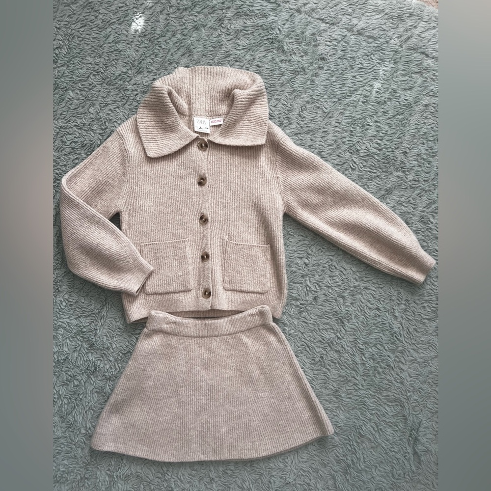 Zara Girls Beige Ribbed Knit Cardigan and Skirt Set